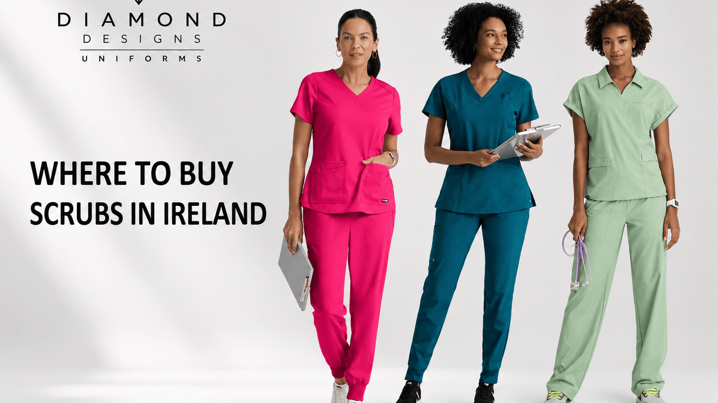 3 models wearing scrubs and a text 'Where to Buy Scrubs in Ireland''