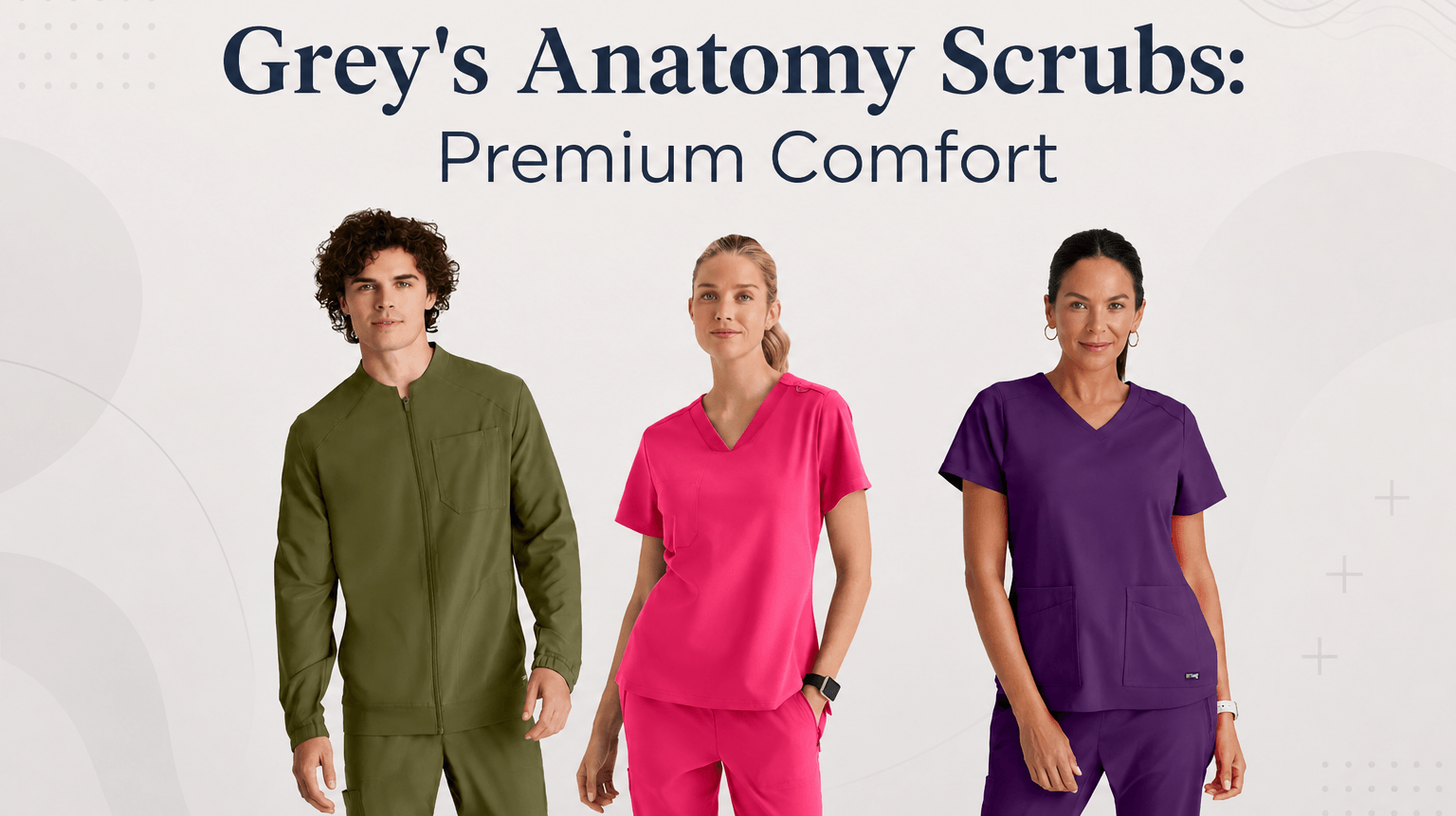 3 models wearing grey's anatomy scrubs in olive, pink and eggplant colour