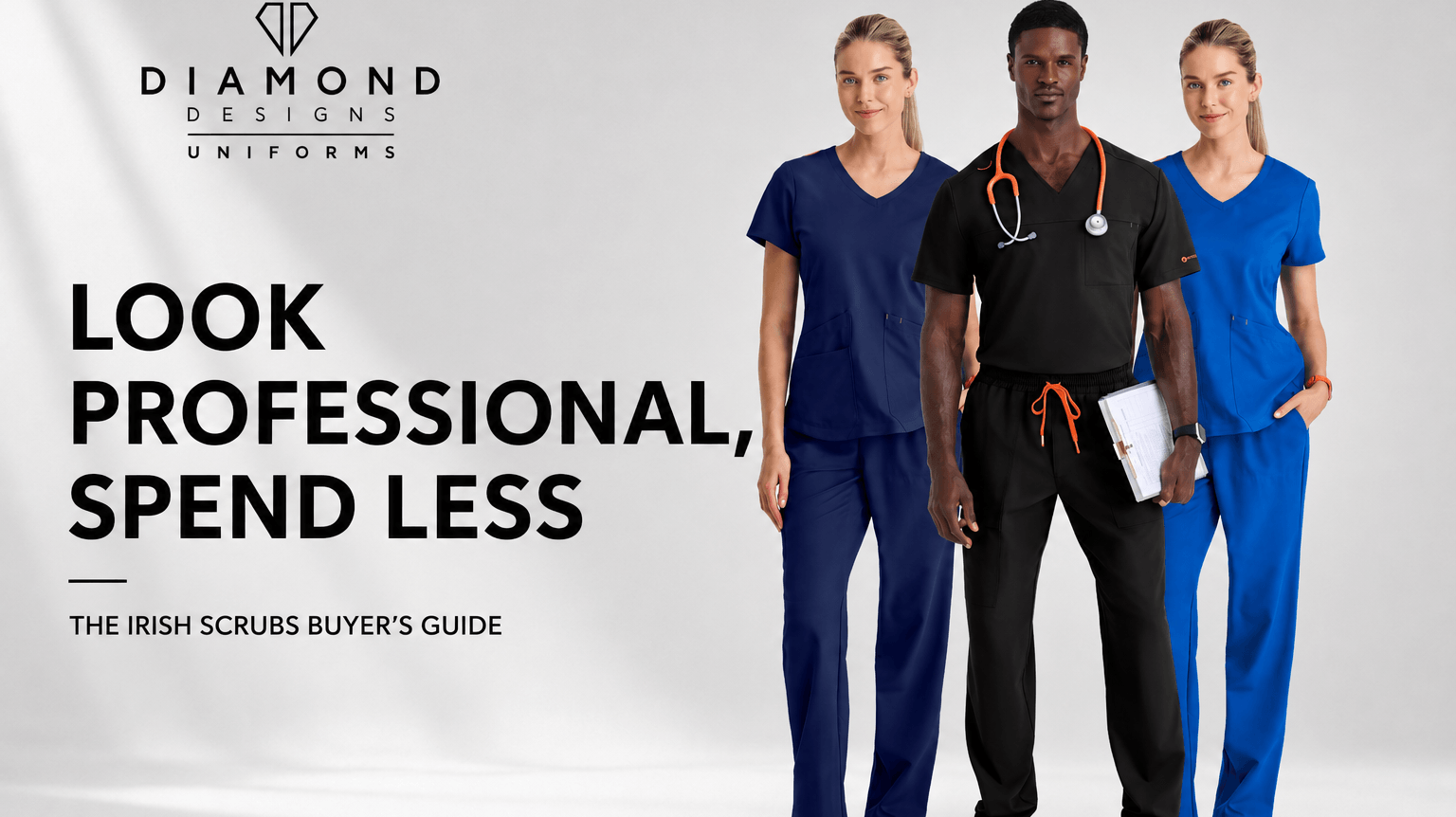 Illustration with 3 models wearing scrubs and text 'Look Professional, Spend Less: The Irish Scrubs Buyer's Guide'