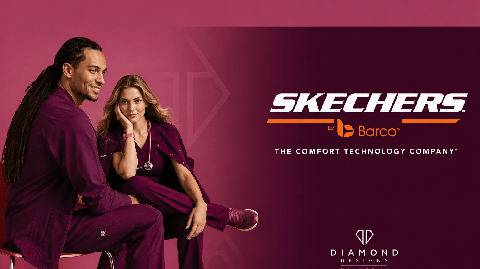 male and female medical professional in wine coloured scrubs