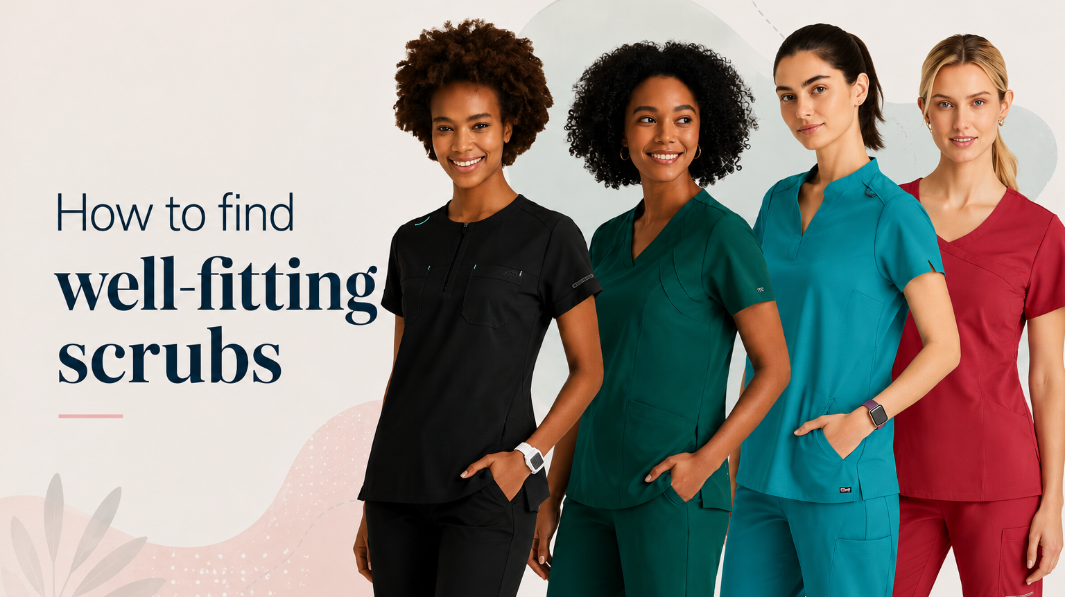 4 models wearing greys anatomy and skechers scrubs and a text that reads 'how to find well-fitting scrubs'