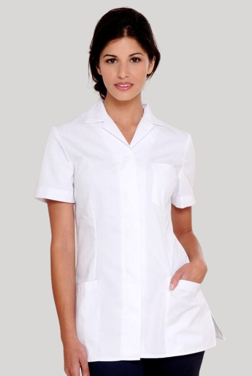 Nurses Uniform Tunic 401B with Concealed Buttons + Square Collar | WHITE