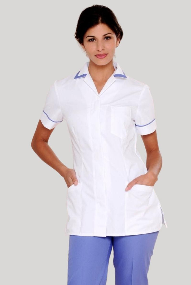 Nurses Uniform Tunic 401B with Concealed Buttons + Square Collar | WHITE/METRO