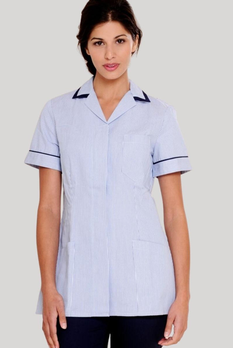 Nurses Uniform Tunic 401B with Concealed Buttons + Square Collar | BLUE STRIPE/NAVY
