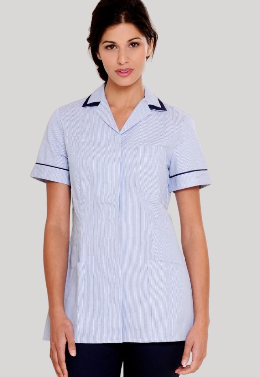 Nurses Uniform Tunic 401B with Concealed Buttons + Square Collar | BLUE STRIPE/NAVY
