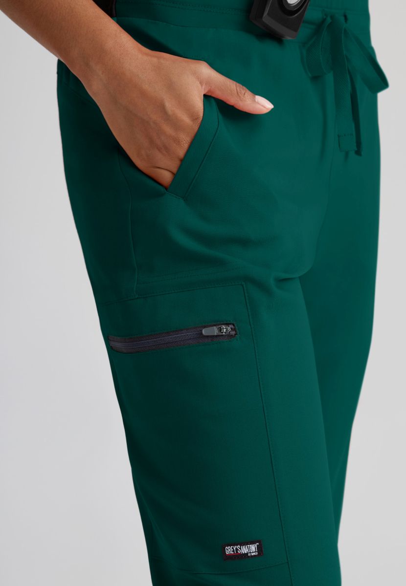 Greys Anatomy Kim 3 Pocket Elastic Back Waistband Zip-Pocket Pants | Hunter Green