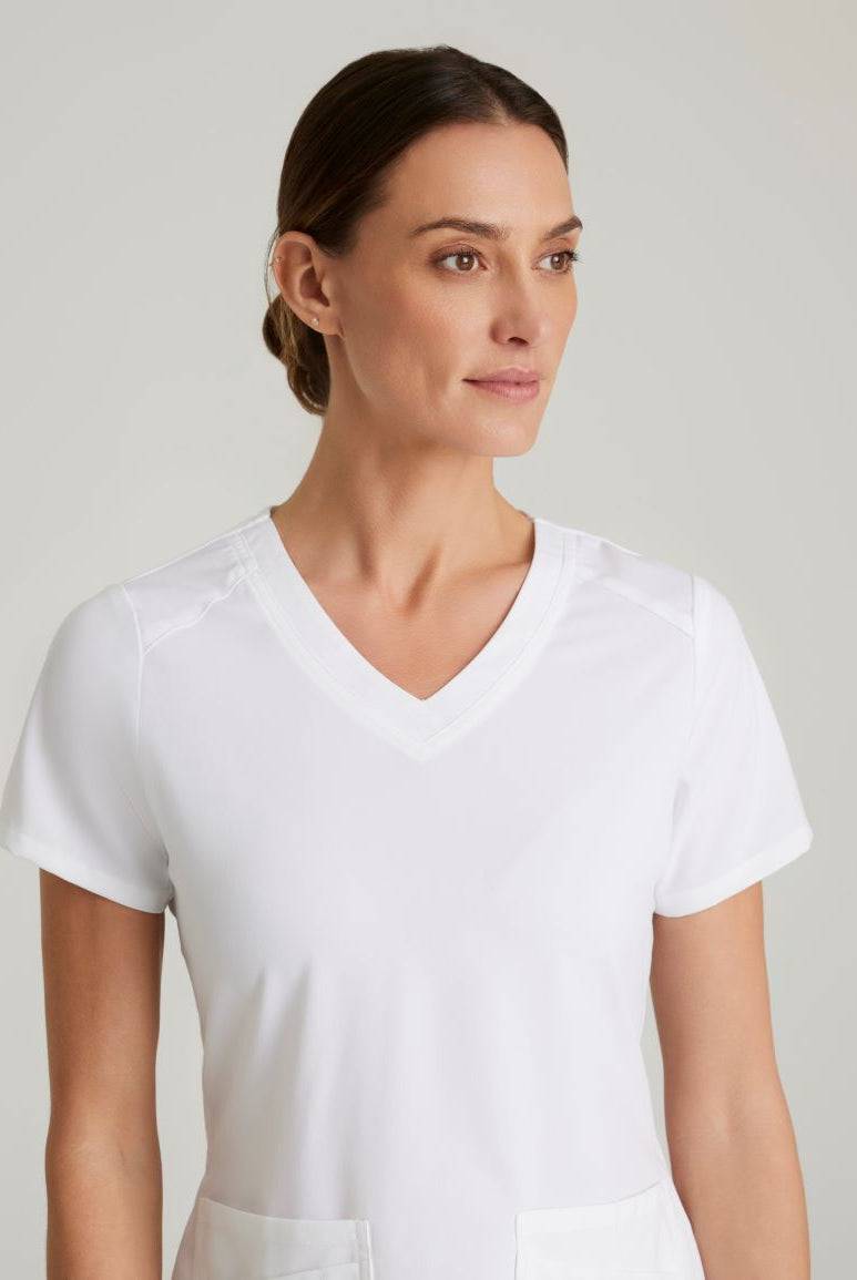 Greys Anatomy Emma 4 pocket, V-neck scrub top with angled seams | WHITE