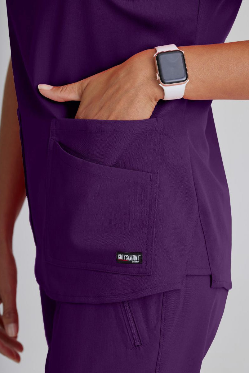 Greys Anatomy Emma 4 pocket, V-neck scrub top with angled seams | Eggplant