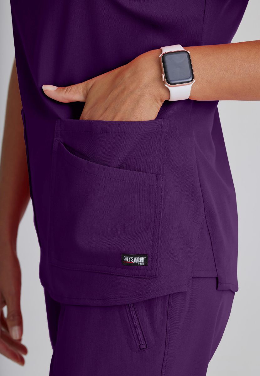 Greys Anatomy Emma 4 pocket, V-neck scrub top with angled seams | Eggplant