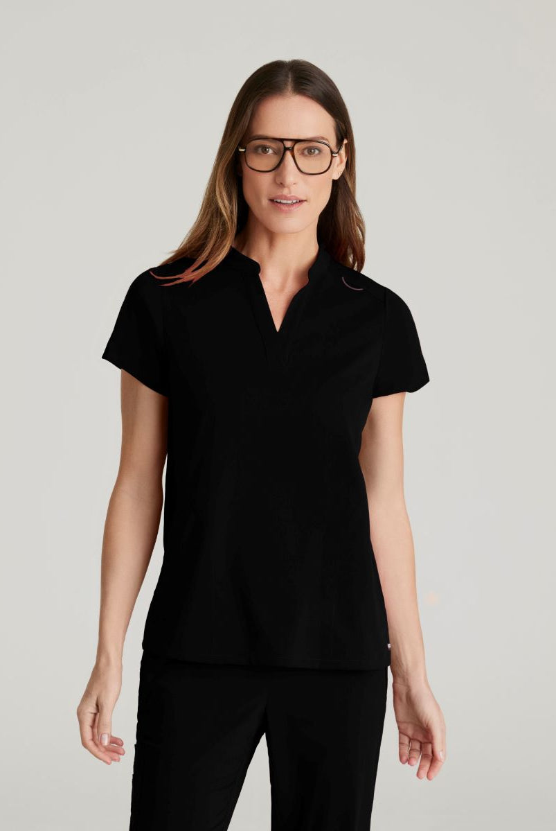 Grey's Anatomy Avery 2 Pocket Banded Collar Top | BLACK