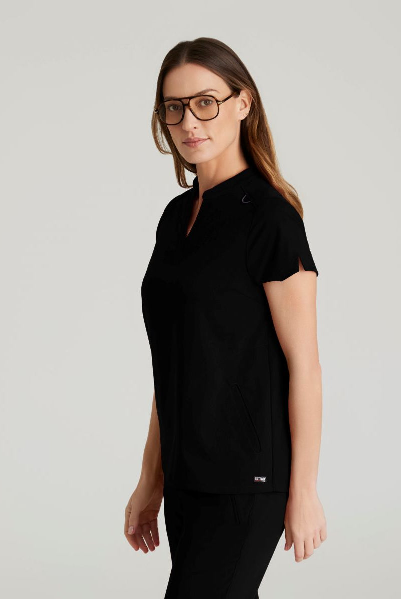 Grey's Anatomy Avery 2 Pocket Banded Collar Top | BLACK
