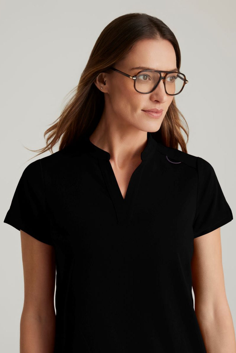 Grey's Anatomy Avery 2 Pocket Banded Collar Top | BLACK