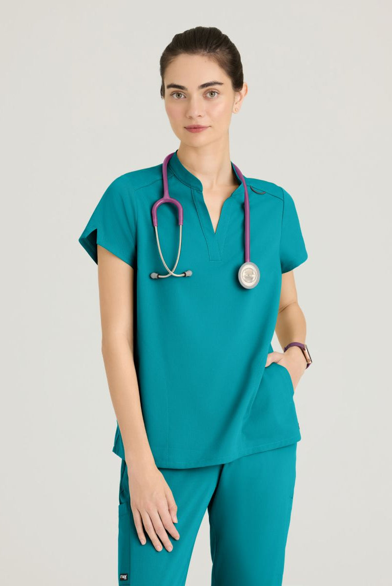 Grey's Anatomy Avery 2 Pocket Banded Collar Top | Teal