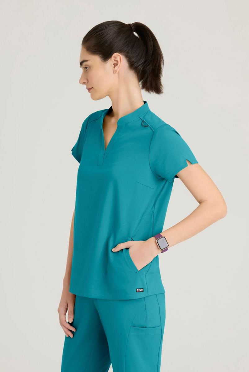 Grey's Anatomy Avery 2 Pocket Banded Collar Top | Teal
