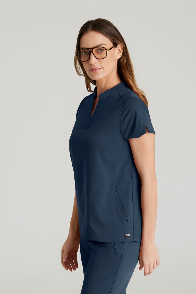 Grey's Anatomy Avery 2 Pocket Banded Collar Top | Steel
