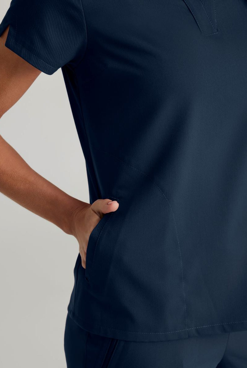 Grey's Anatomy Avery 2 Pocket Banded Collar Top | Steel