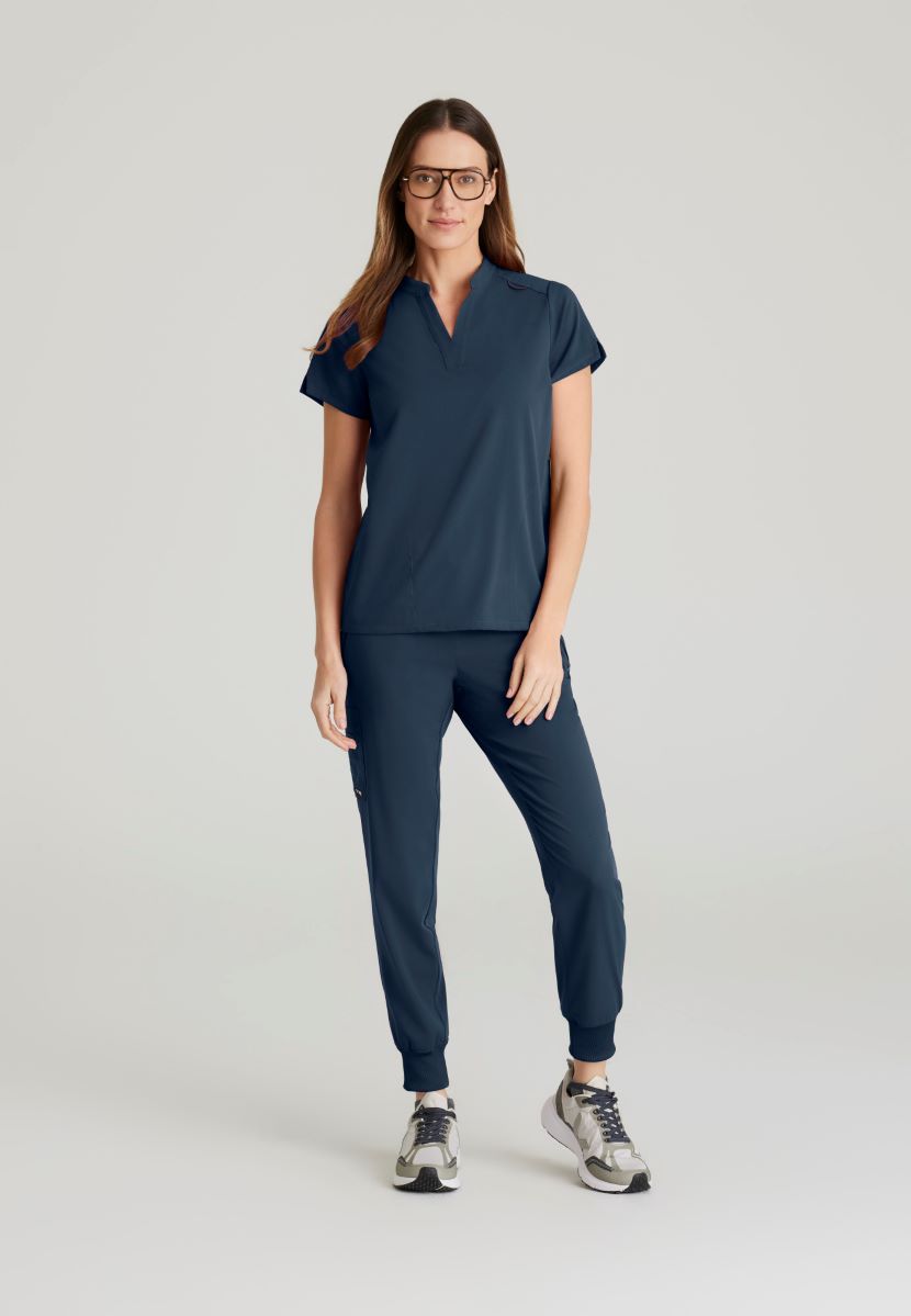 Grey's Anatomy Avery 2 Pocket Banded Collar Top | Steel