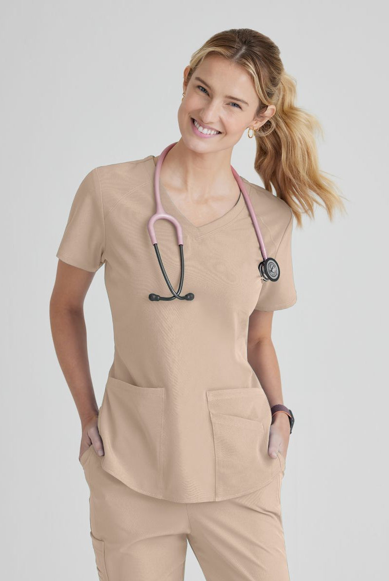 Skechers Breeze 3 Pocket Shaped Hem Scrub Top | New Khaki