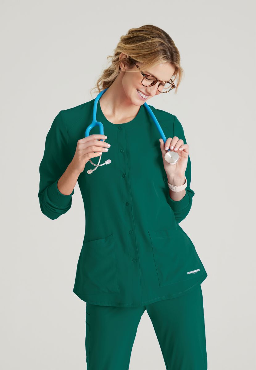 Skechers Women's 2 Pocket Warm-Up Scrub Jacket With Eco-Friendly Stretch Fabric | Hunter Green