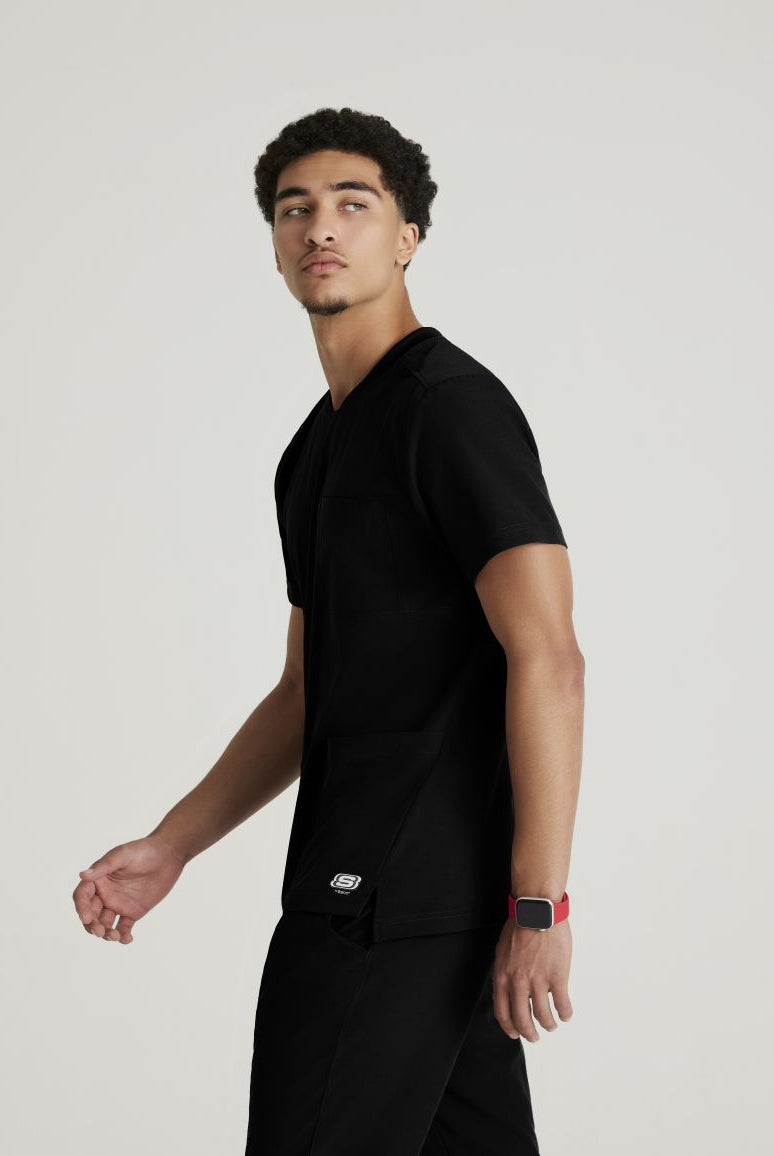 SKECHERS MALE THESIS THREE POCKET, ROUNDED NECKLINE SCRUB TOP | BLACK