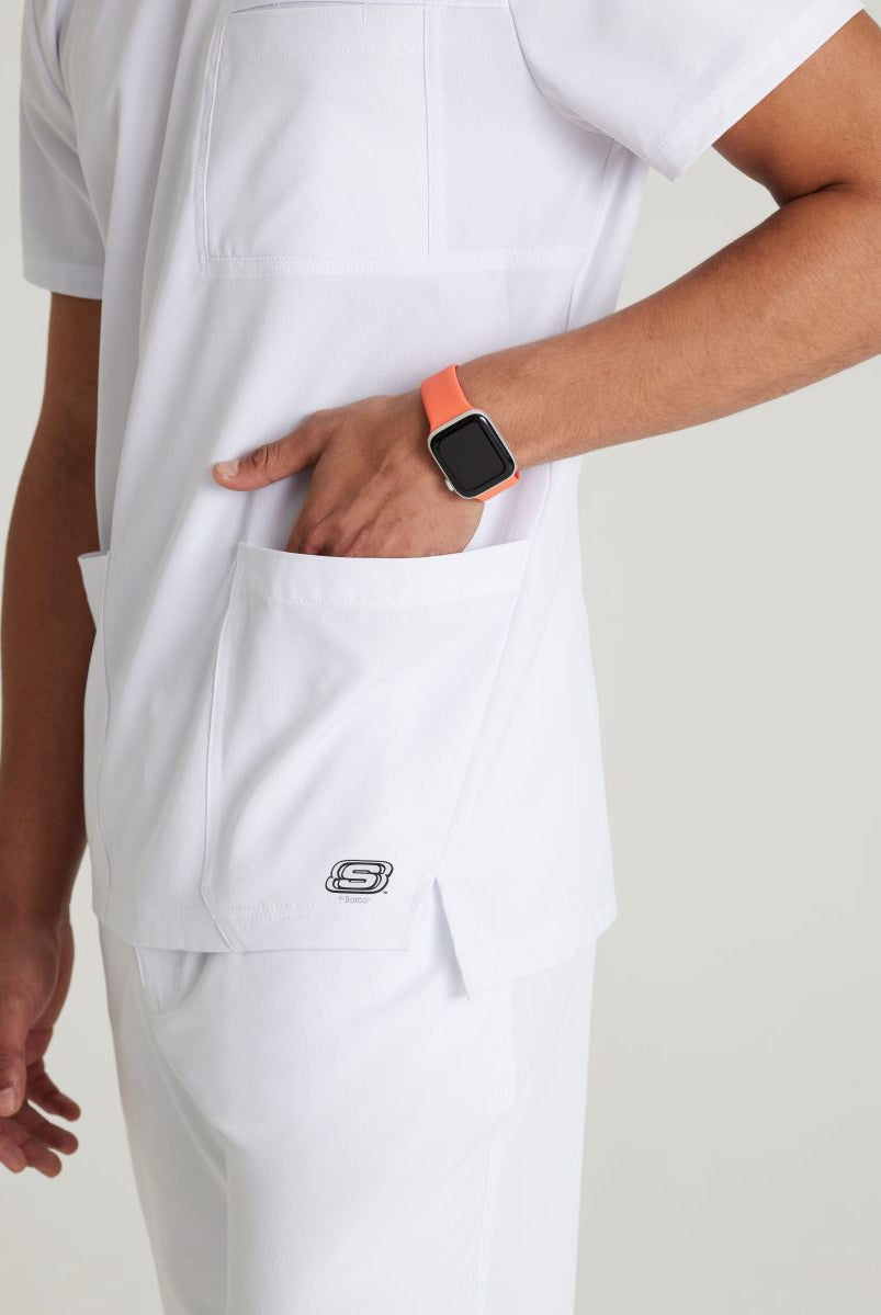 Skechers Thesis Three Pocket Rounded Neck Scrub Top | WHITE