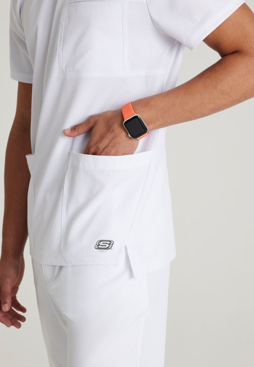 Skechers Thesis Three Pocket Rounded Neck Scrub Top | WHITE