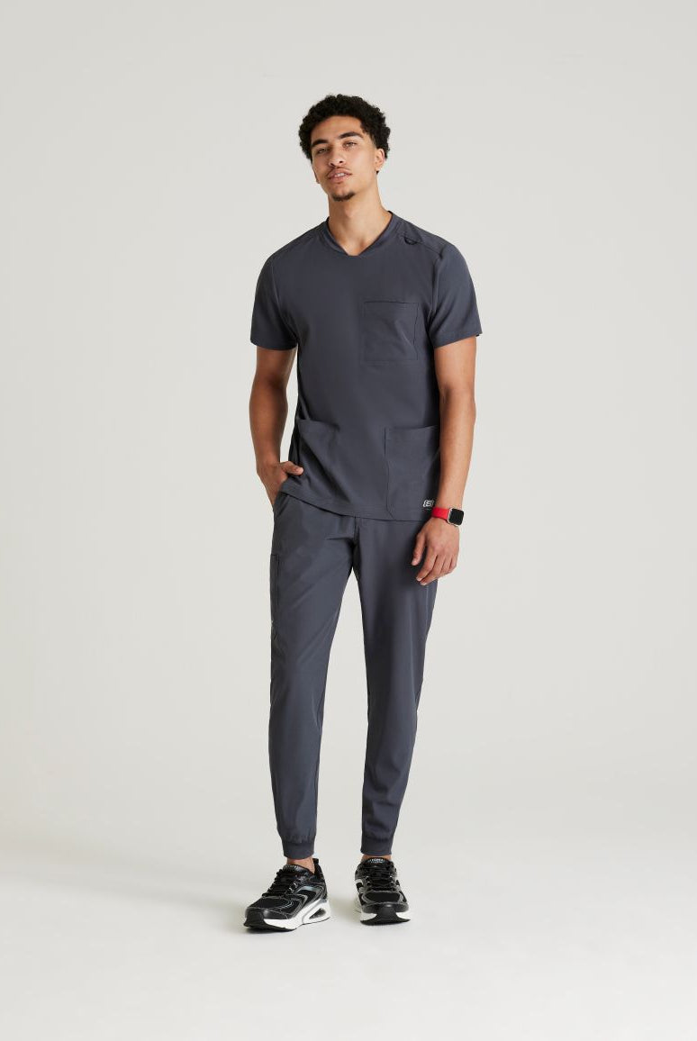 SKECHERS MALE THESIS THREE POCKET, ROUNDED NECKLINE SCRUB TOP | Pewter Grey