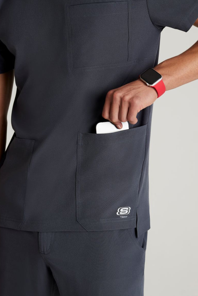 SKECHERS MALE THESIS THREE POCKET, ROUNDED NECKLINE SCRUB TOP | Pewter Grey