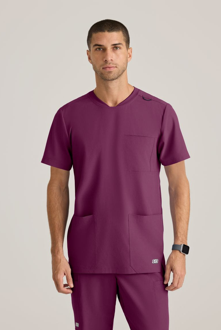 SKECHERS MALE THESIS THREE POCKET, ROUNDED NECKLINE SCRUB TOP | Wine