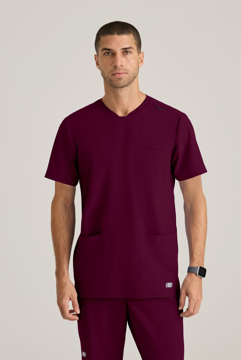 SKECHERS MALE THESIS THREE POCKET, ROUNDED NECKLINE SCRUB TOP | Wine