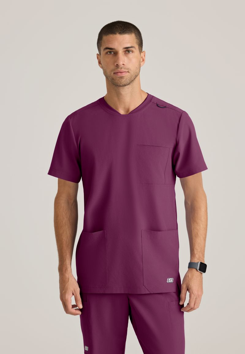 SKECHERS MALE THESIS THREE POCKET, ROUNDED NECKLINE SCRUB TOP | Wine