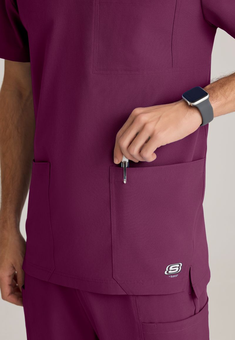 SKECHERS MALE THESIS THREE POCKET, ROUNDED NECKLINE SCRUB TOP | Wine
