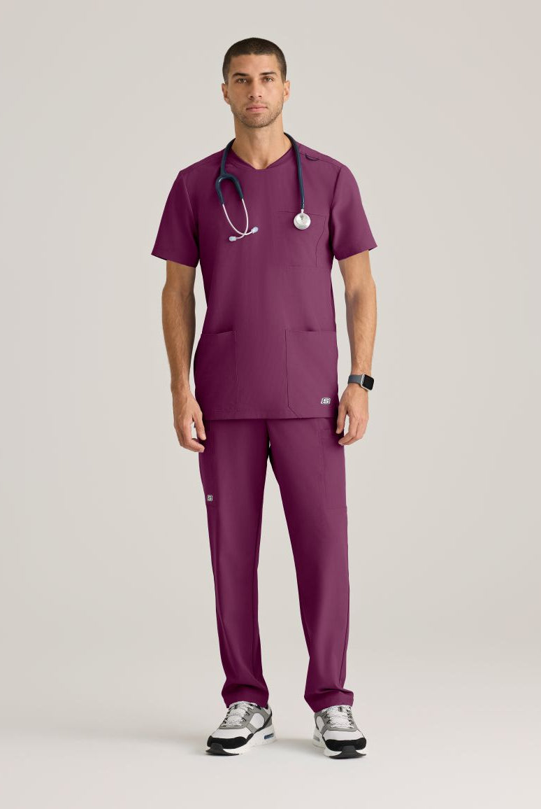 SKECHERS MALE THESIS THREE POCKET, ROUNDED NECKLINE SCRUB TOP | Wine