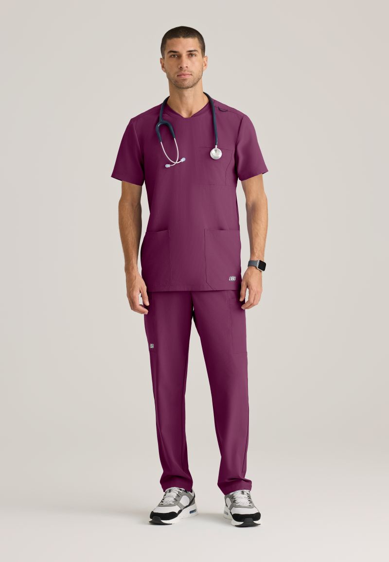 SKECHERS MALE THESIS THREE POCKET, ROUNDED NECKLINE SCRUB TOP | Wine