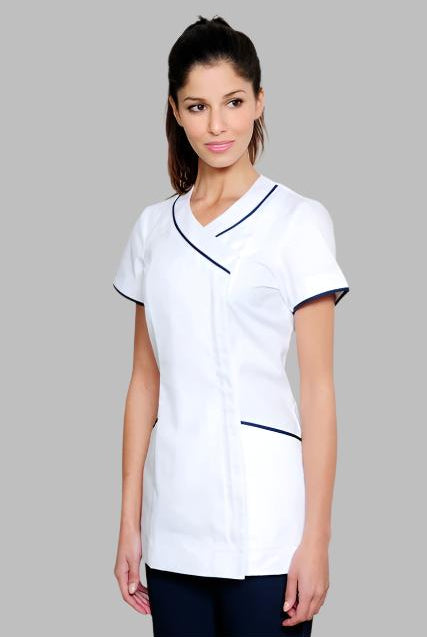 Nursing Uniform Tunic T1 Side Concealed Zip + 2 pockets | WHITE/NAVY