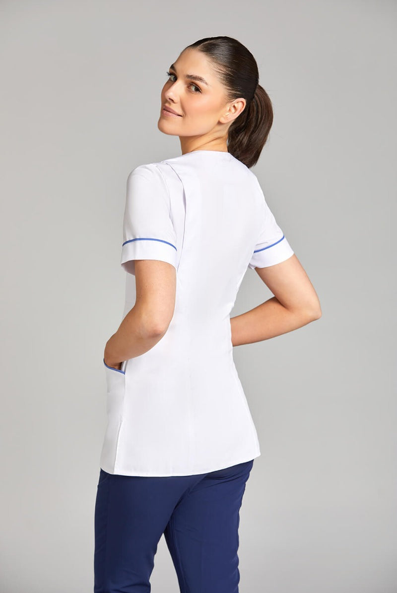 Nursing Uniform Tunic - PH1A Sweetheart Neckline + Button Front | WHITE/METRO