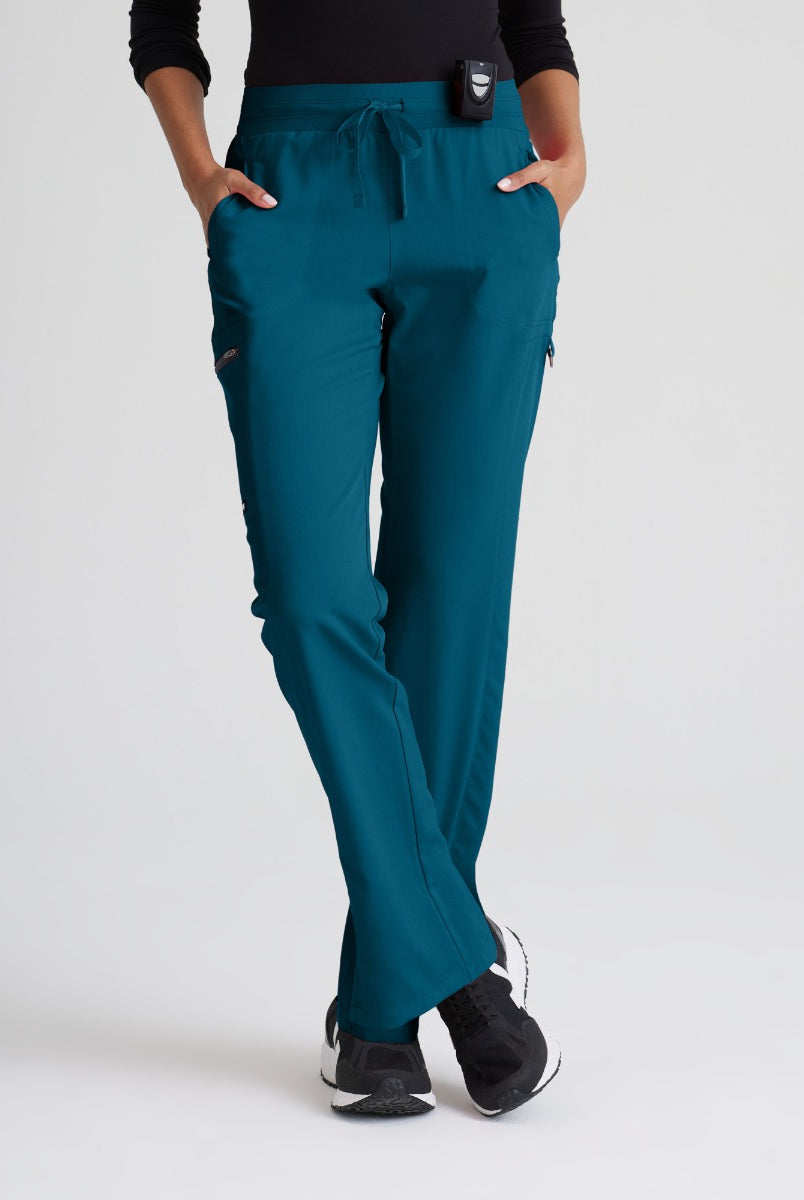 Greys Anatomy Kim 3 Pocket Elastic Back Waistband Zip-Pocket Pants | Bahama / Caribbean