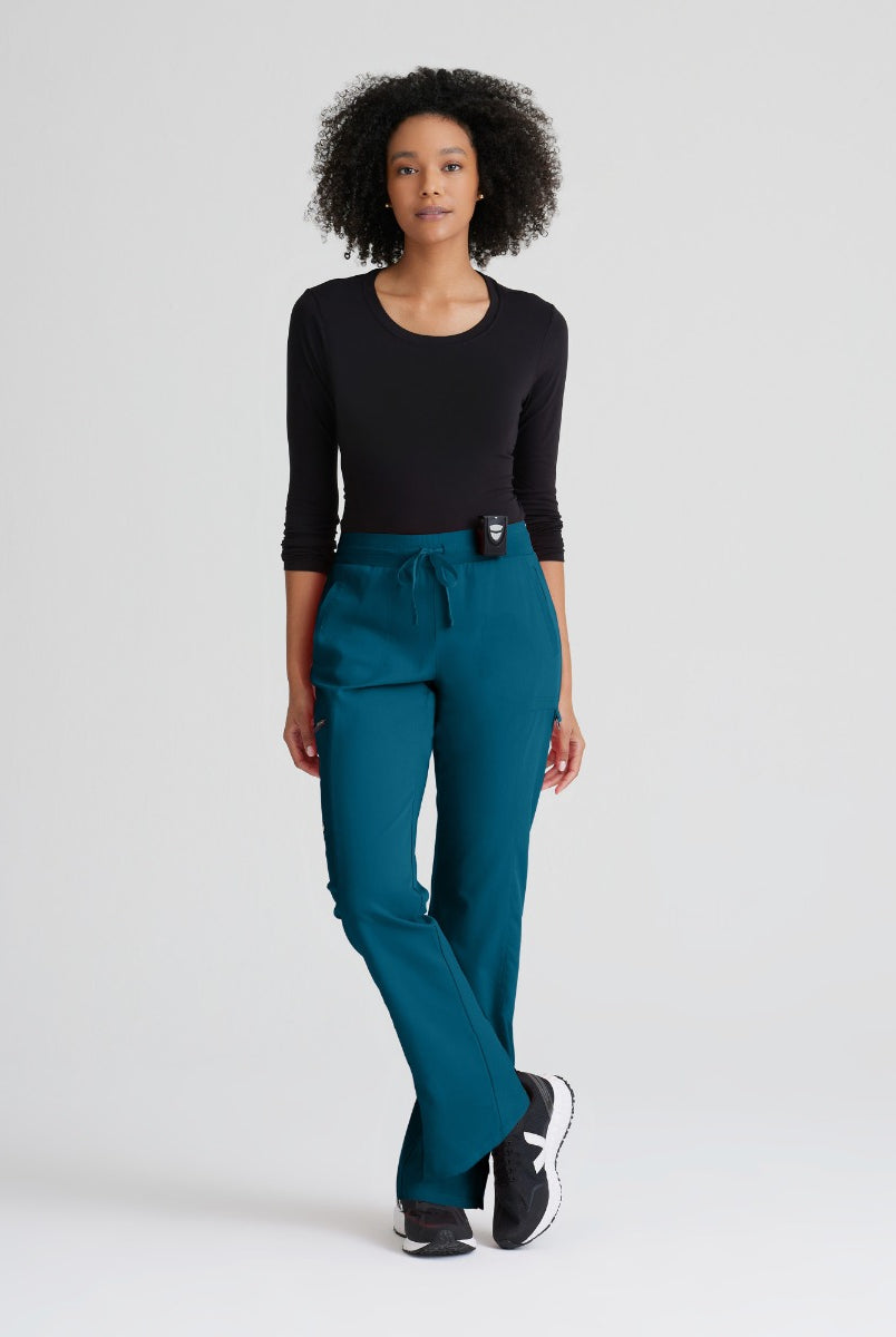 Greys Anatomy Kim 3 Pocket Elastic Back Waistband Zip-Pocket Pants | Bahama / Caribbean