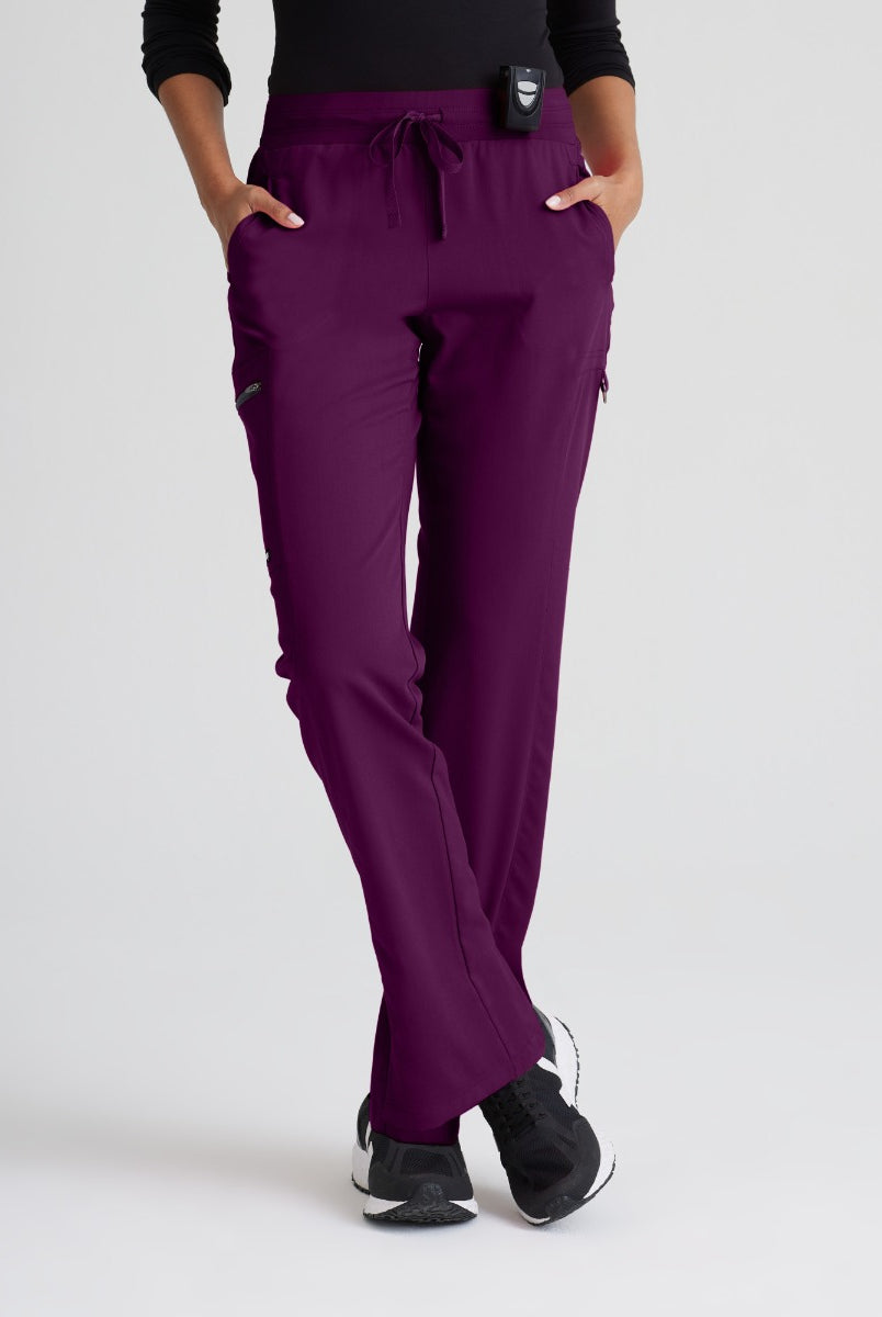 Greys Anatomy Kim 3 Pocket Elastic Back Waistband Zip-Pocket Pants | Wine