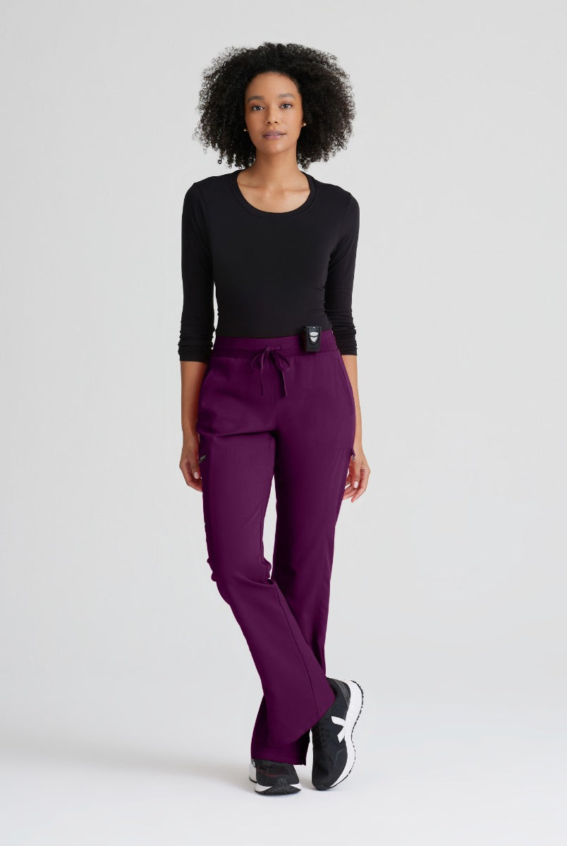 Greys Anatomy Kim 3 Pocket Elastic Back Waistband Zip-Pocket Pants | Wine