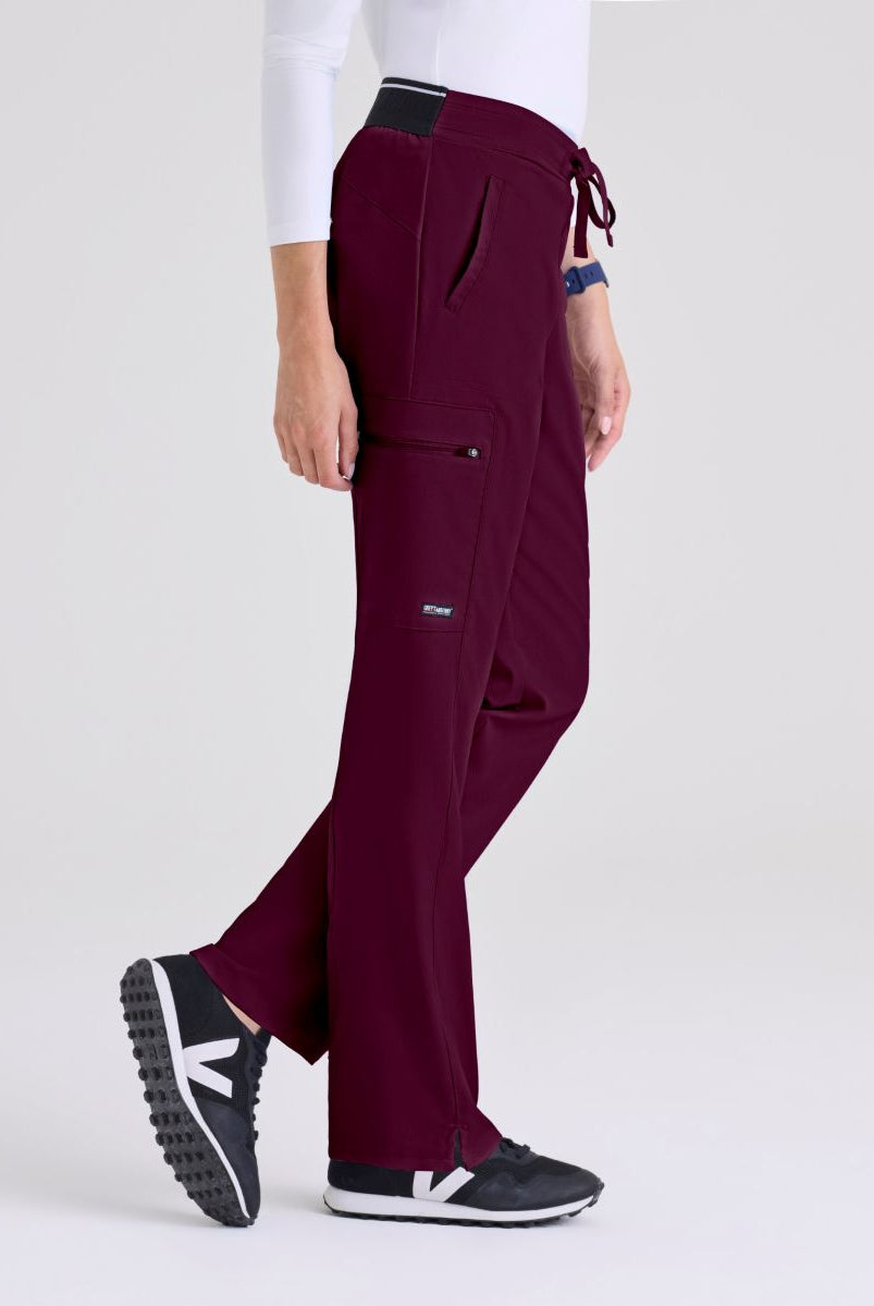 Greys Anatomy Kim 3 Pocket Elastic Back Waistband Zip-Pocket Pants | Wine