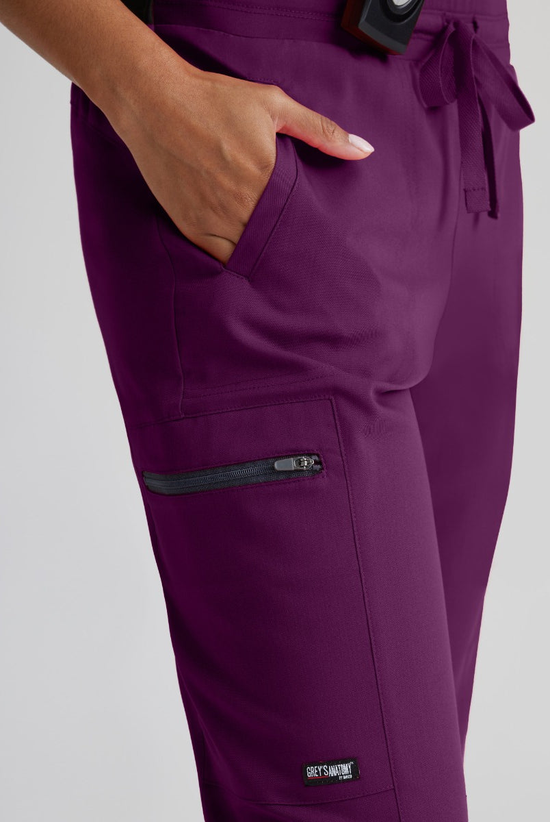 Greys Anatomy Kim 3 Pocket Elastic Back Waistband Zip-Pocket Pants | Wine