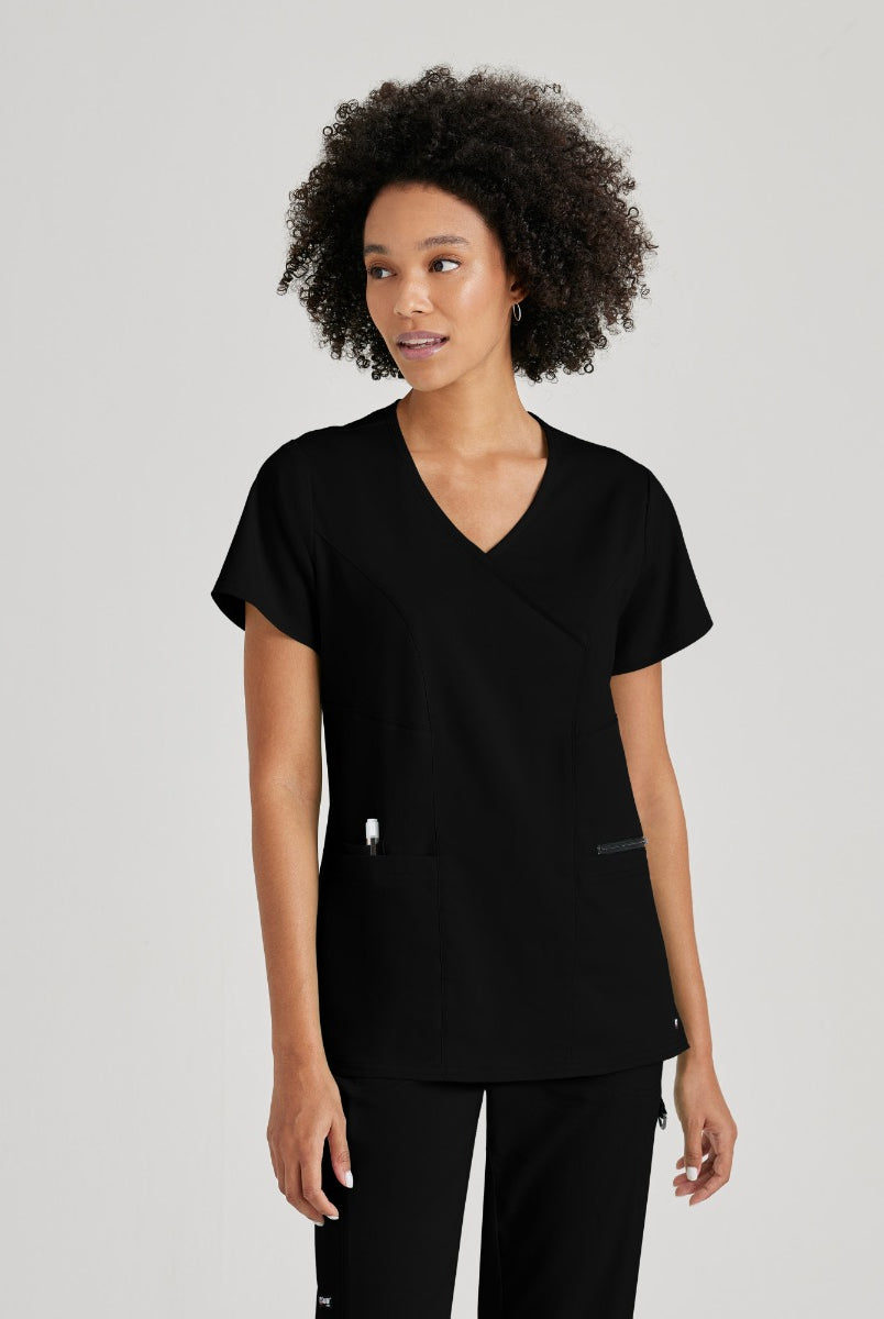 Greys Anatomy V-Neck Kim Top with Zip Front Pocket | BLACK