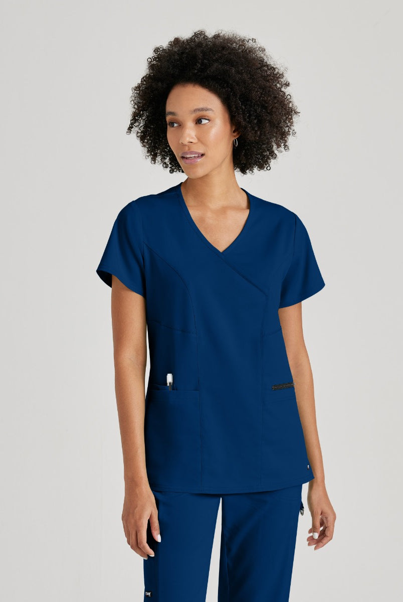 Greys Anatomy V-Neck Kim Top with Zip Front Pocket | NAVY