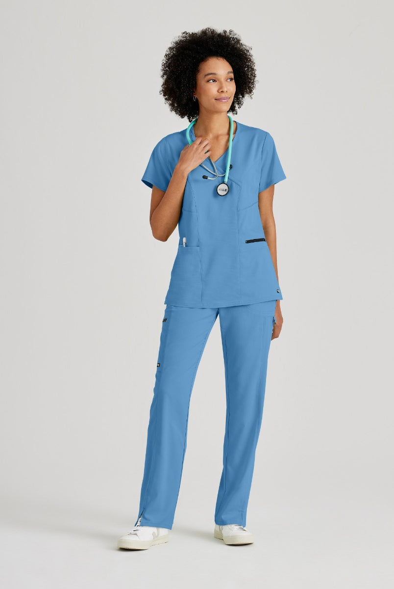 Greys Anatomy V-Neck Kim Top with Zip Front Pocket | TRUE CEIL