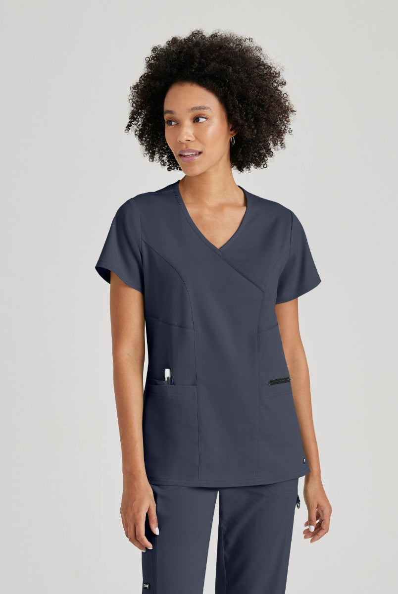 Greys Anatomy V-Neck Kim Top with Zip Front Pocket | Steel