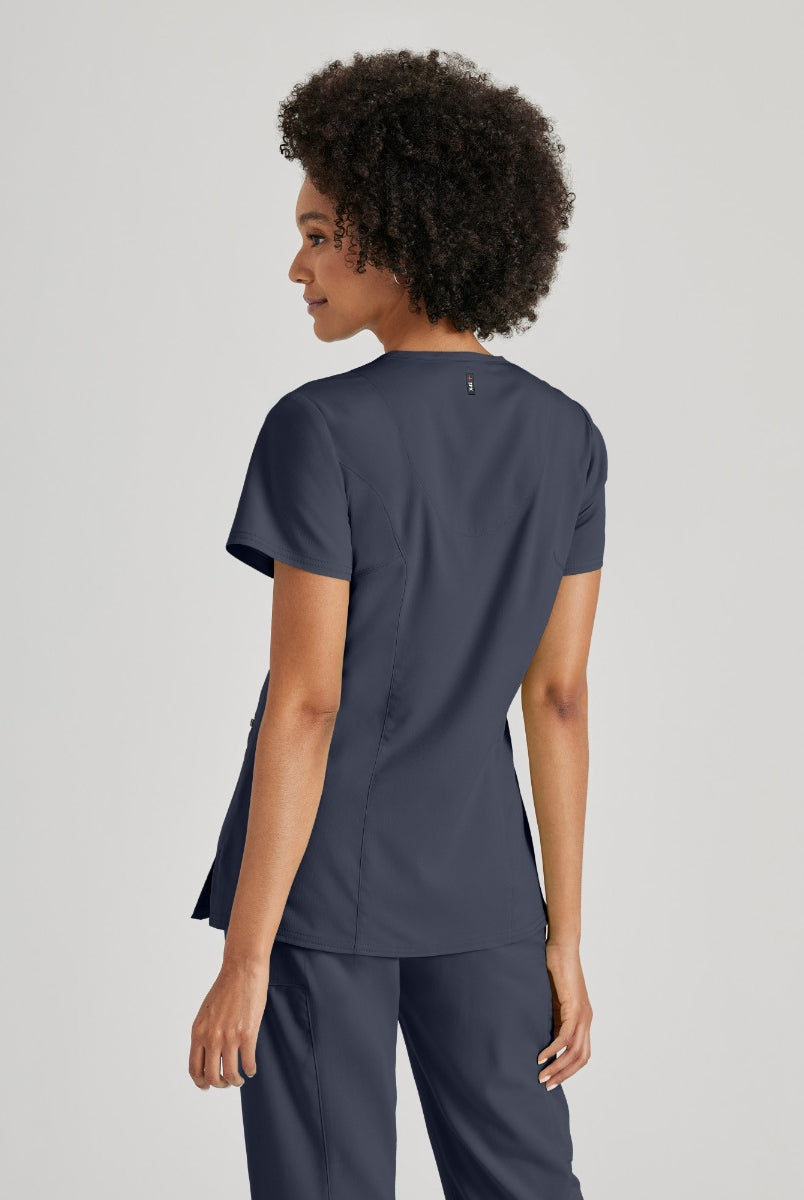 Greys Anatomy V-Neck Kim Top with Zip Front Pocket | Steel