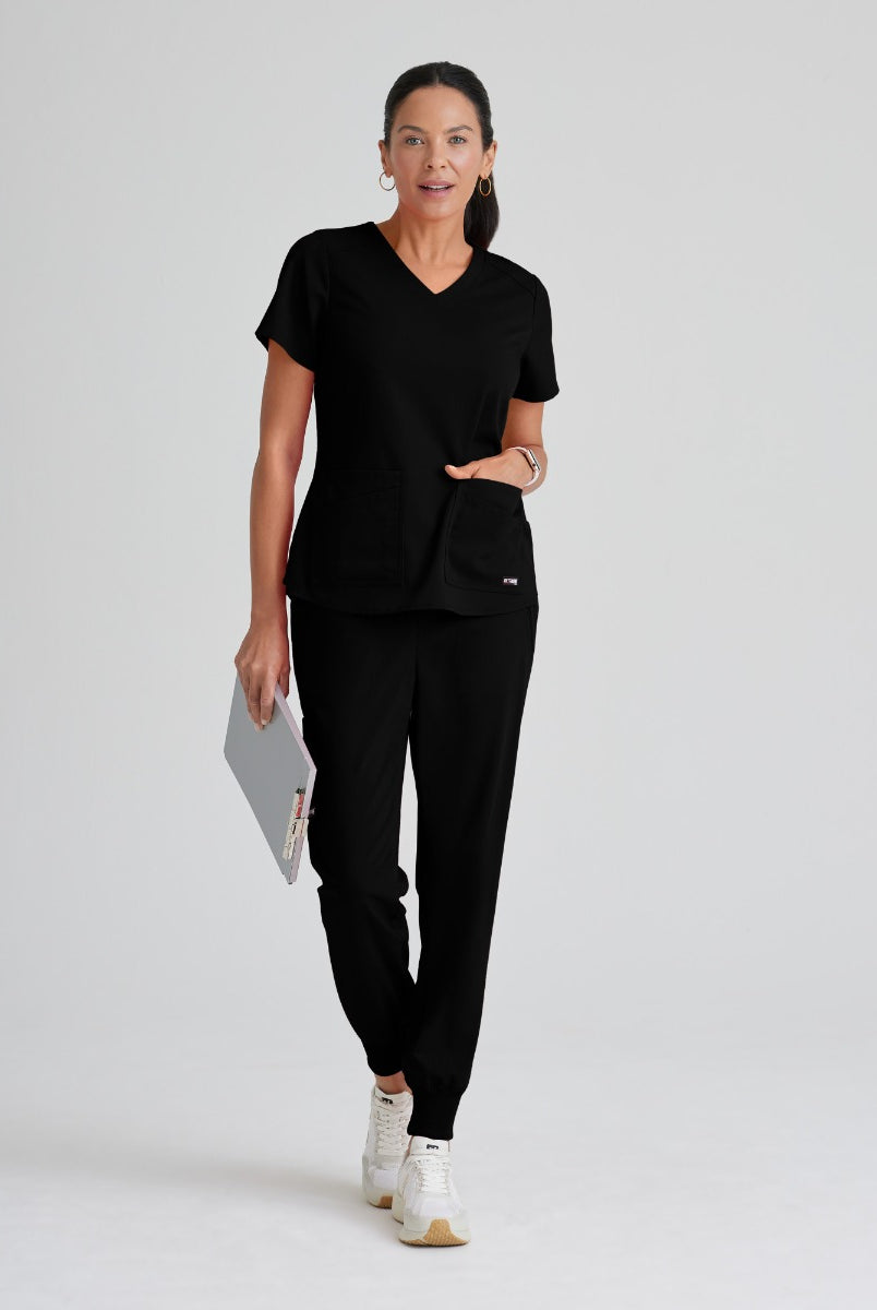 Greys Anatomy Emma 4 pocket, V-neck scrub top with angled seams | BLACK