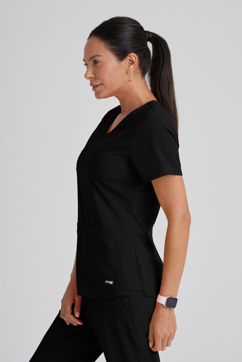 Greys Anatomy Emma 4 pocket, V-neck scrub top with angled seams | BLACK