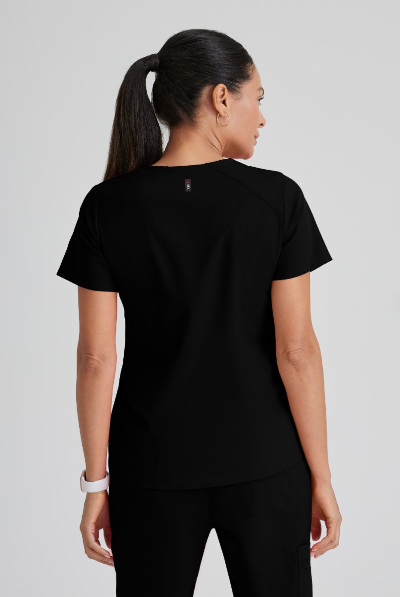 Greys Anatomy Emma 4 pocket, V-neck scrub top with angled seams | BLACK